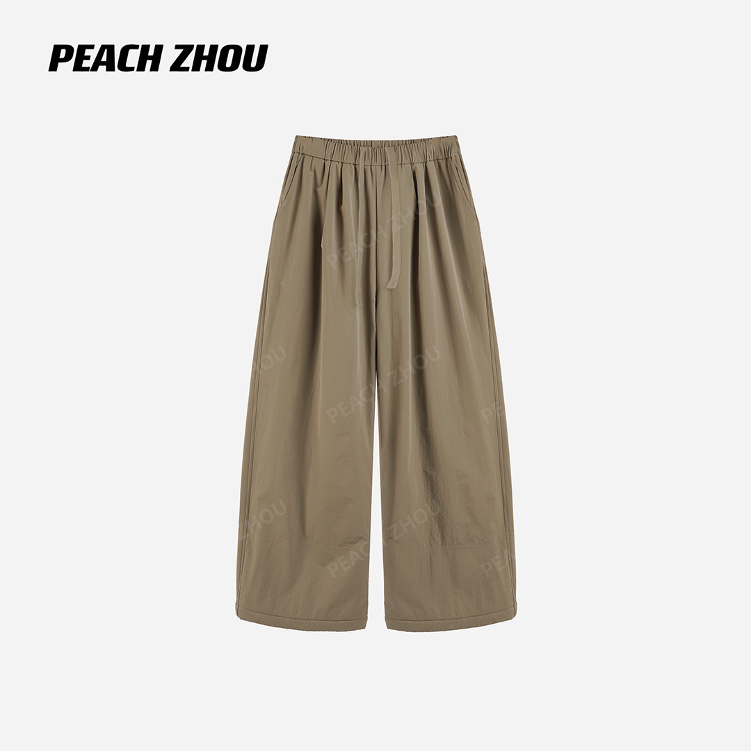PEACHZHOU 四缝线加绒宽松直筒休闲裤松紧腰内抽绳保暖防风阔腿裤