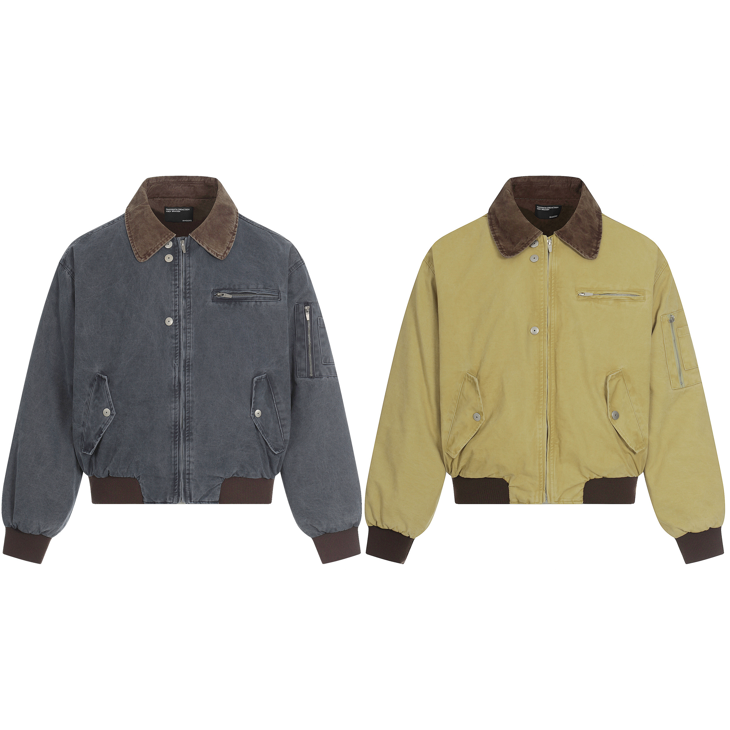 美式复古工装拼接翻领夹克男女宽松拉链设计飞行百搭夹棉外套