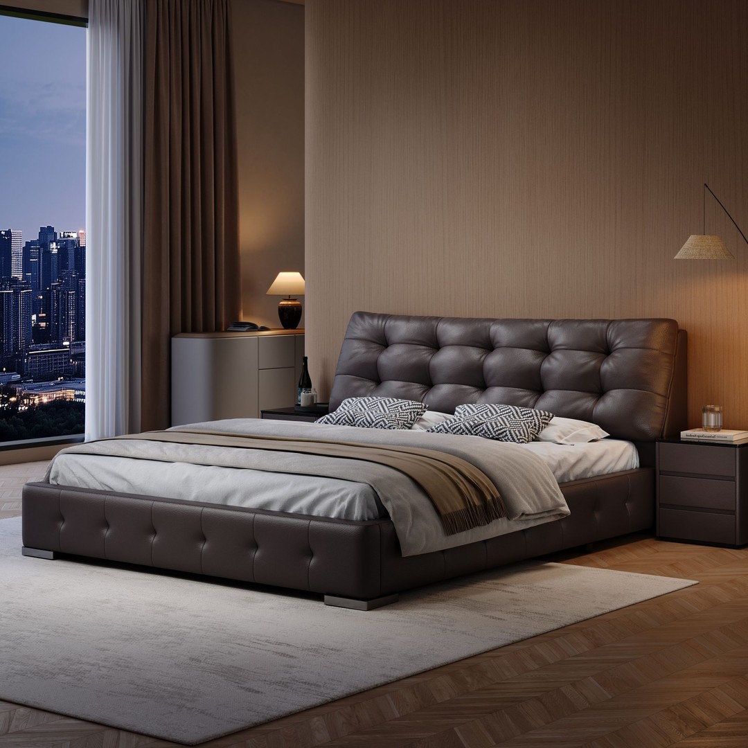 【国补】【大黑熊床】现代极简风双人主卧室意式头层牛皮主卧床