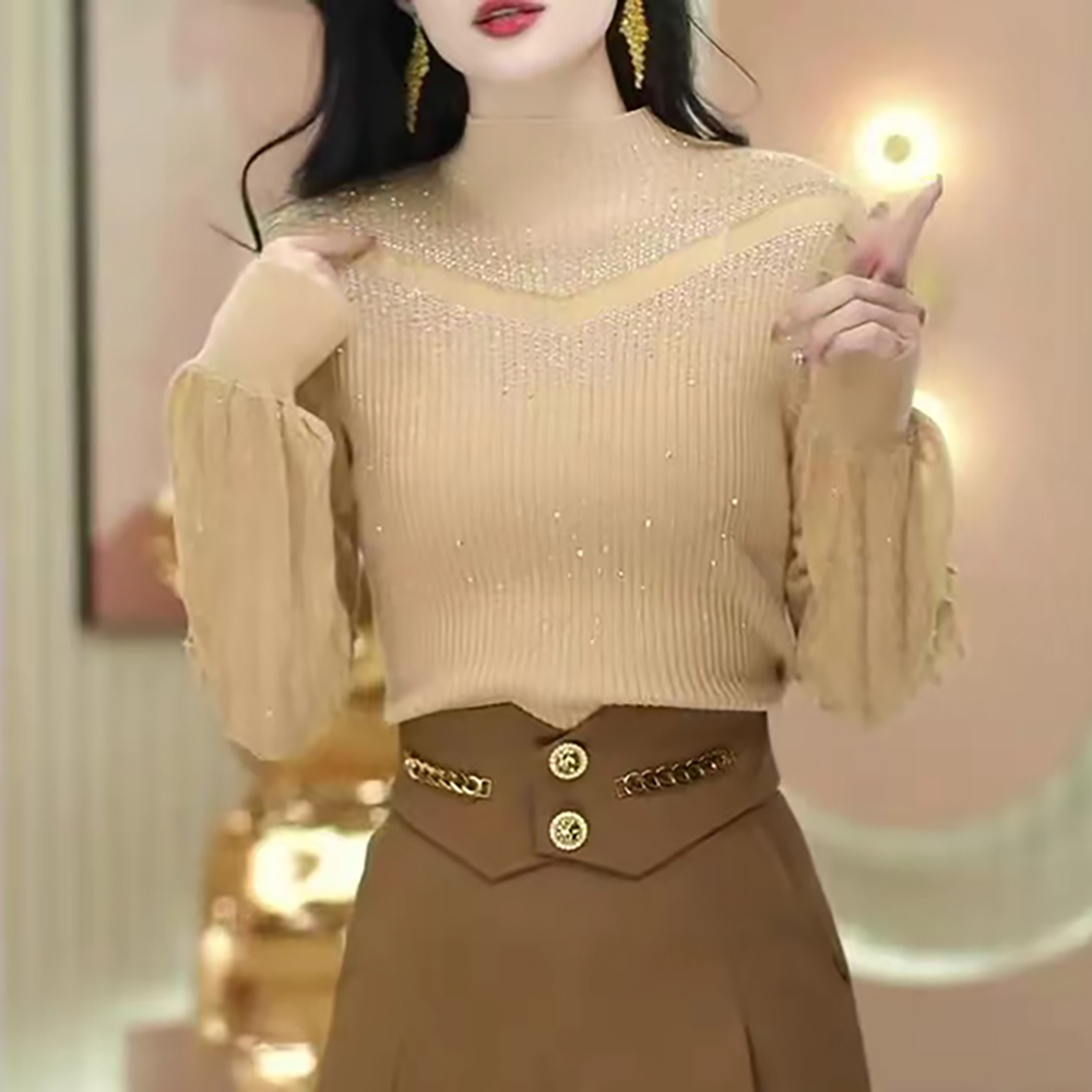 E9212【新款】 法式高端气质半高领重工镶钻显瘦轻奢百搭毛衣3D