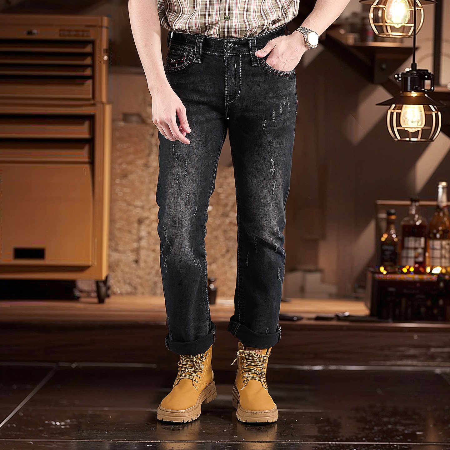 【公牛·黑】国潮重工立体刺绣牛仔微弹高奢直筒牛仔裤