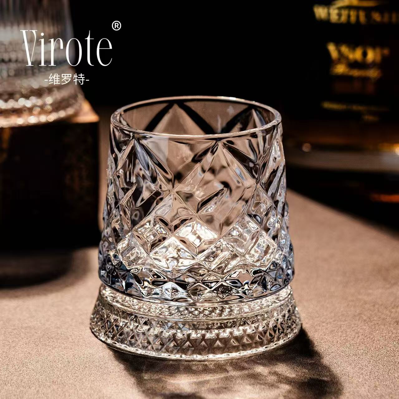 创意菱格纹解压转转杯不倒翁威士忌洋酒杯网红杯创意葡萄酒杯