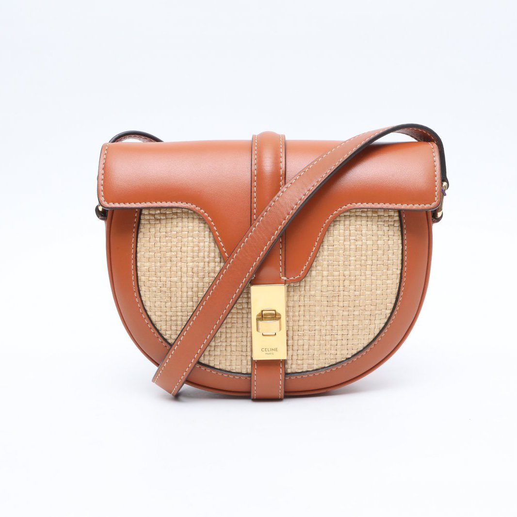 99新 Celine/思琳 小花攀攀 棕色 皮革C Celine编织拼皮马鞍包