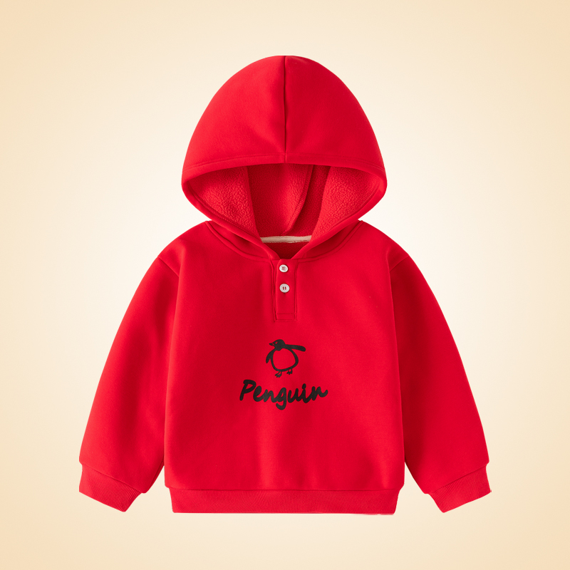 男童秋装卫衣加绒上衣宝宝儿童加厚长袖一体绒连帽冬季红色洋气
