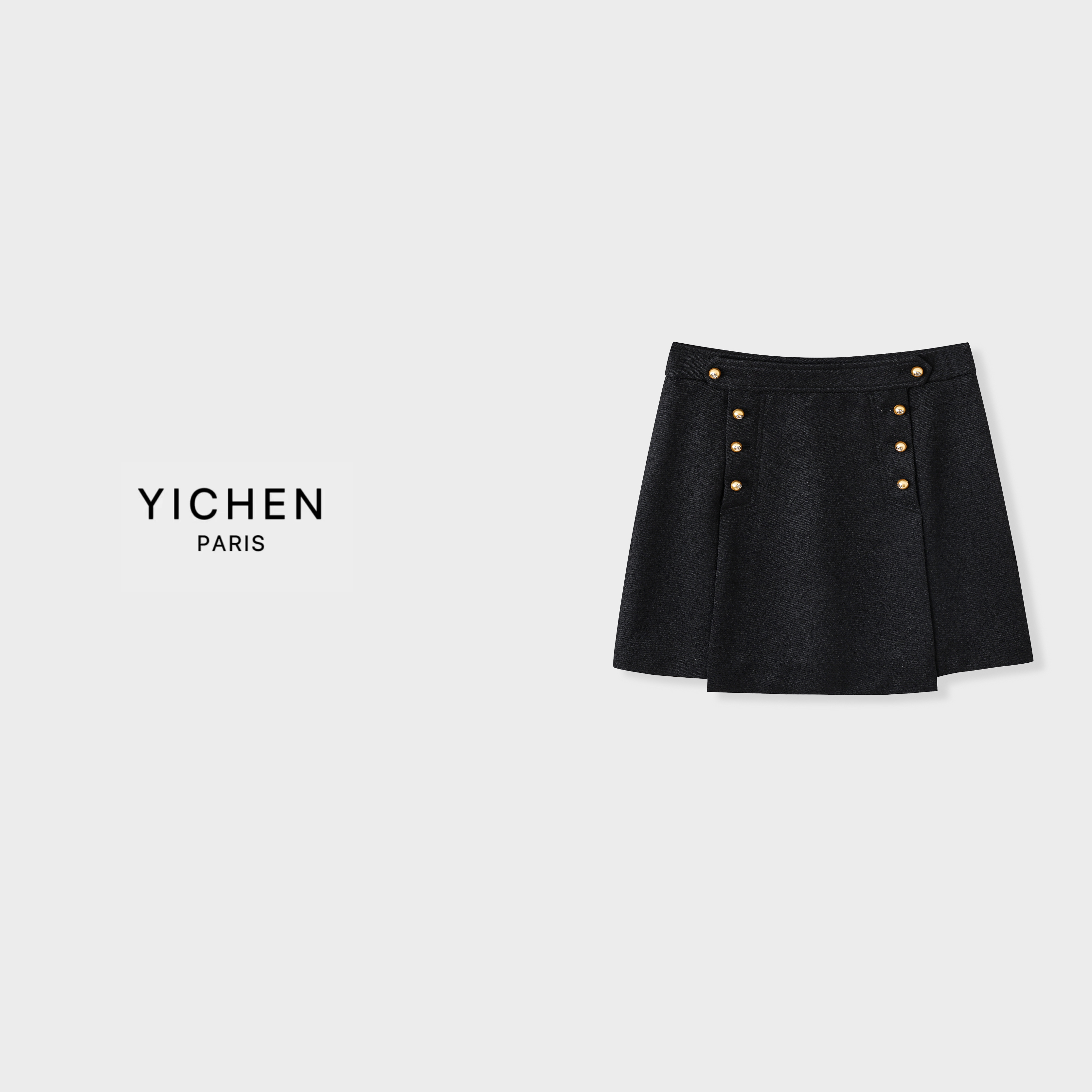 YC 珍珠系列软花呢黑色压褶显瘦小A裙-3216