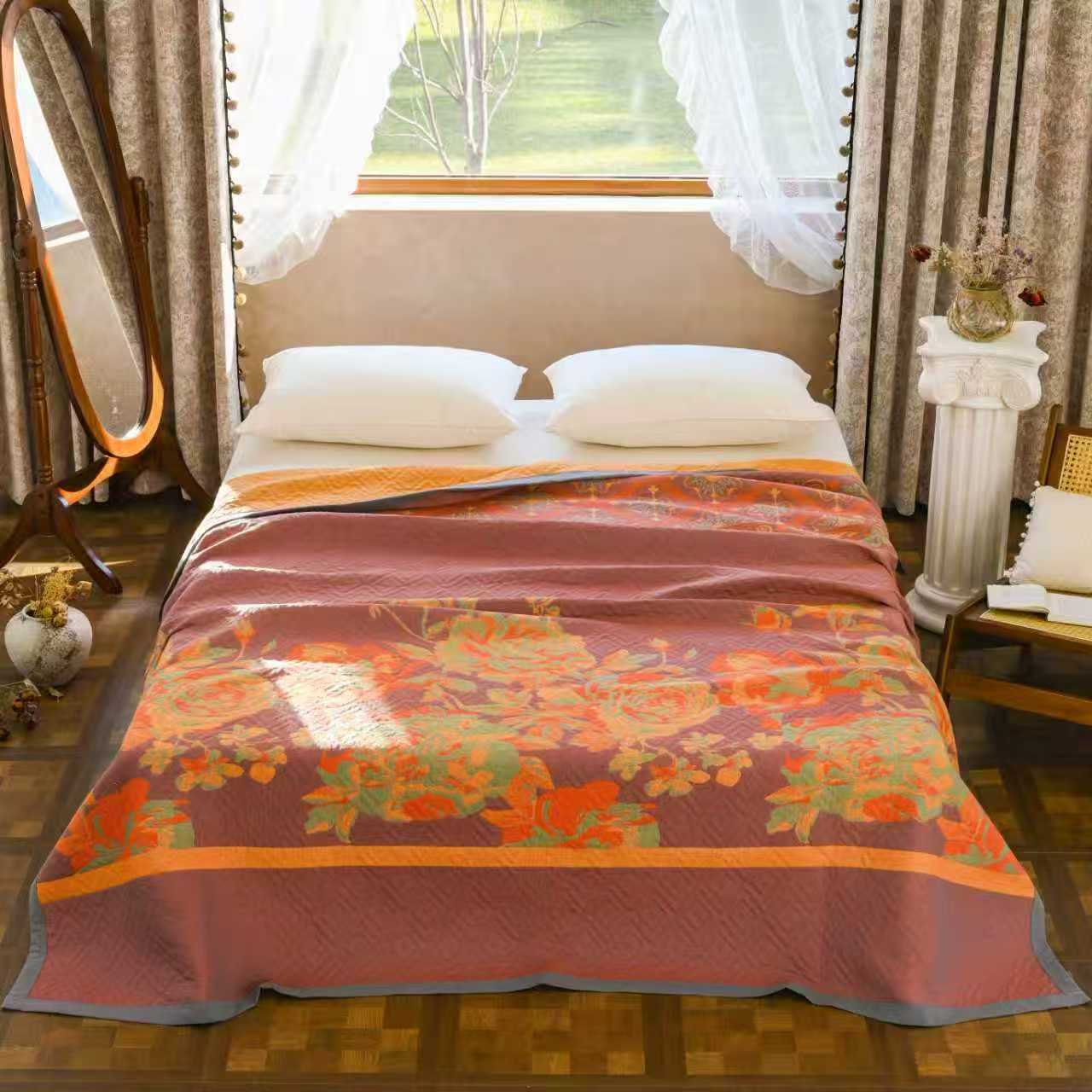 【国色天香床盖】高端A类纯棉柔软舒适亲肤加厚防滑雨露麻机洗