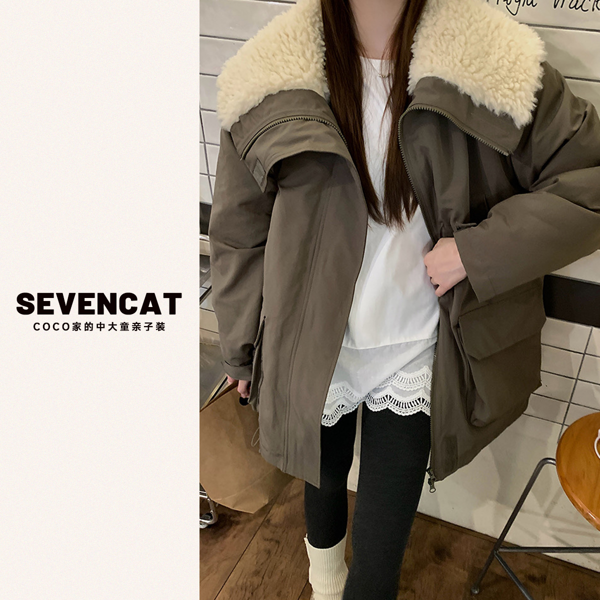 【可妈24定制冬款】露丝同款巴恩风大翻领派克服拼接军绿棉服亲子装