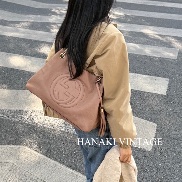 95新 GUCCI/古驰 花绮中古/Gucci中号soho皮粉全皮单肩包