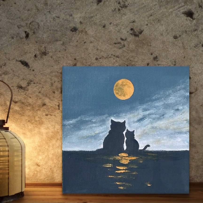 猫猫和她的小猫猫手绘油画小尺寸装饰画20x20