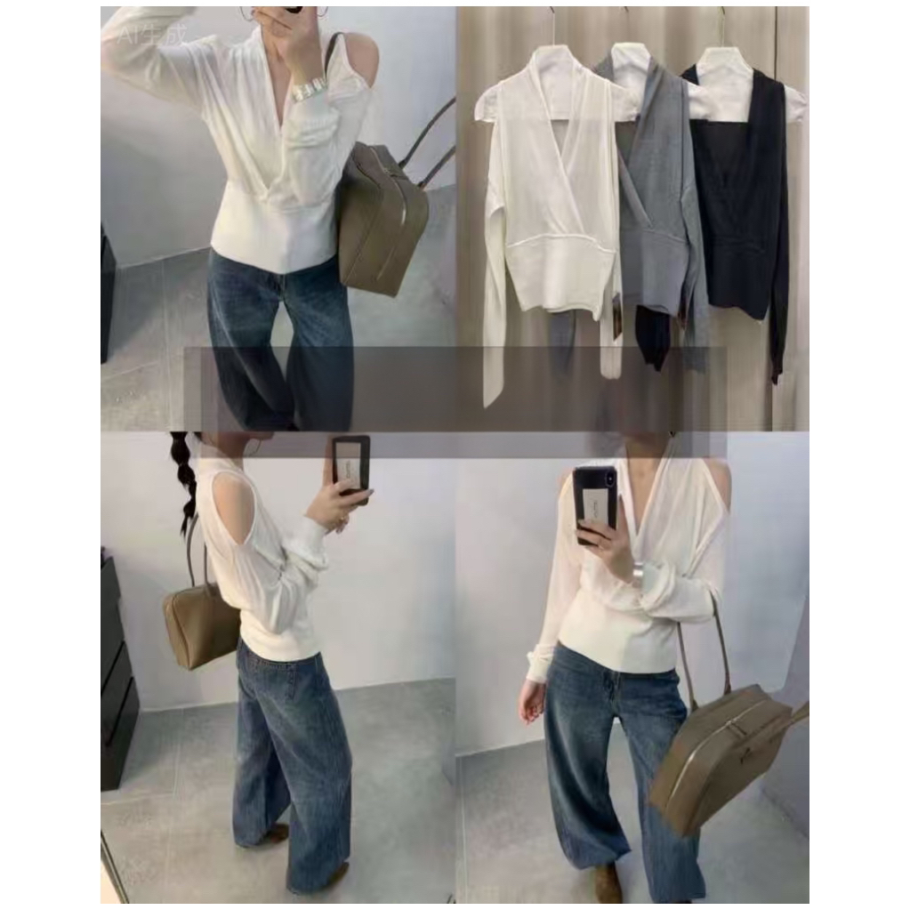 喜糖 福（1xt826#）清冷感十足 气质V领漏肩修身长袖毛针织衫10-12