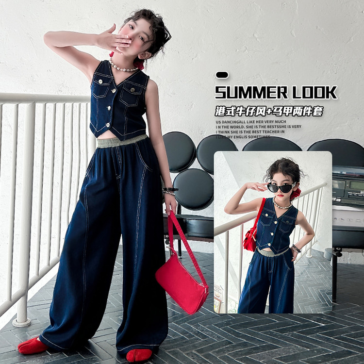 女童短袖长裤套装小清新女孩短袖2025夏季短袖休闲领女童