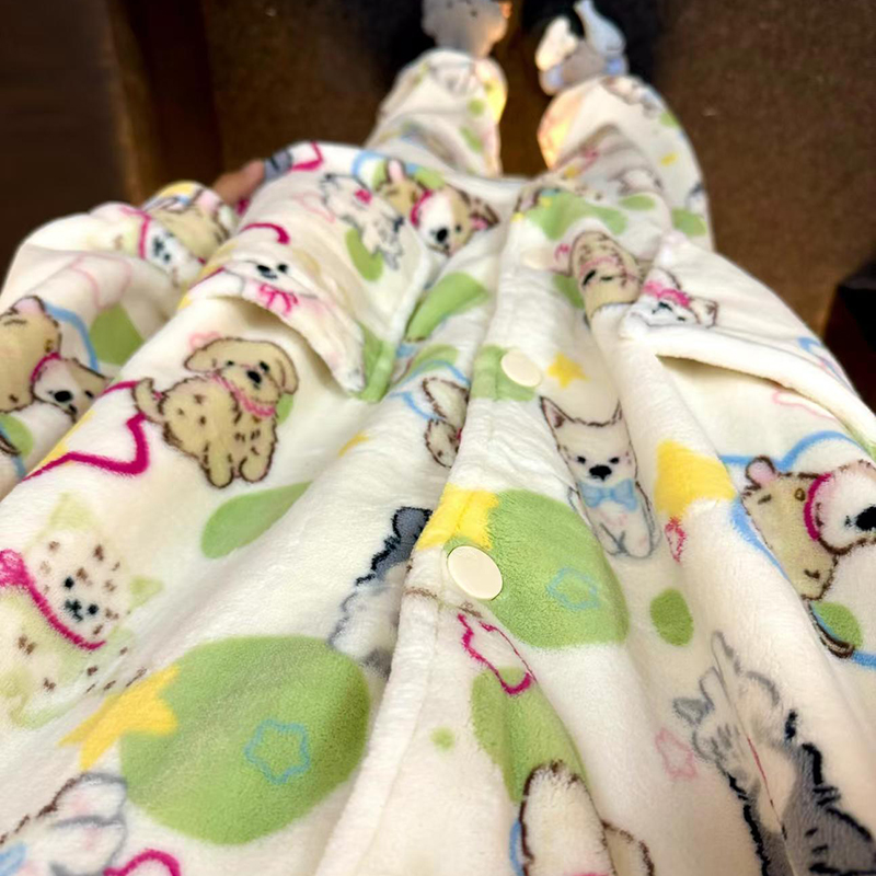 侘町2024年新款puppy狗狗法兰绒睡衣女秋冬款加绒加厚家居服冬季