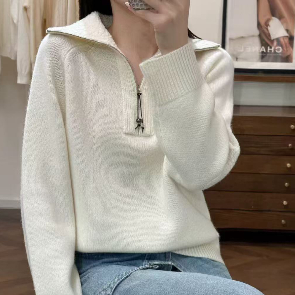 半拉链纯色绵羊毛秋冬时尚简约设计感打底内搭毛衫女上衣