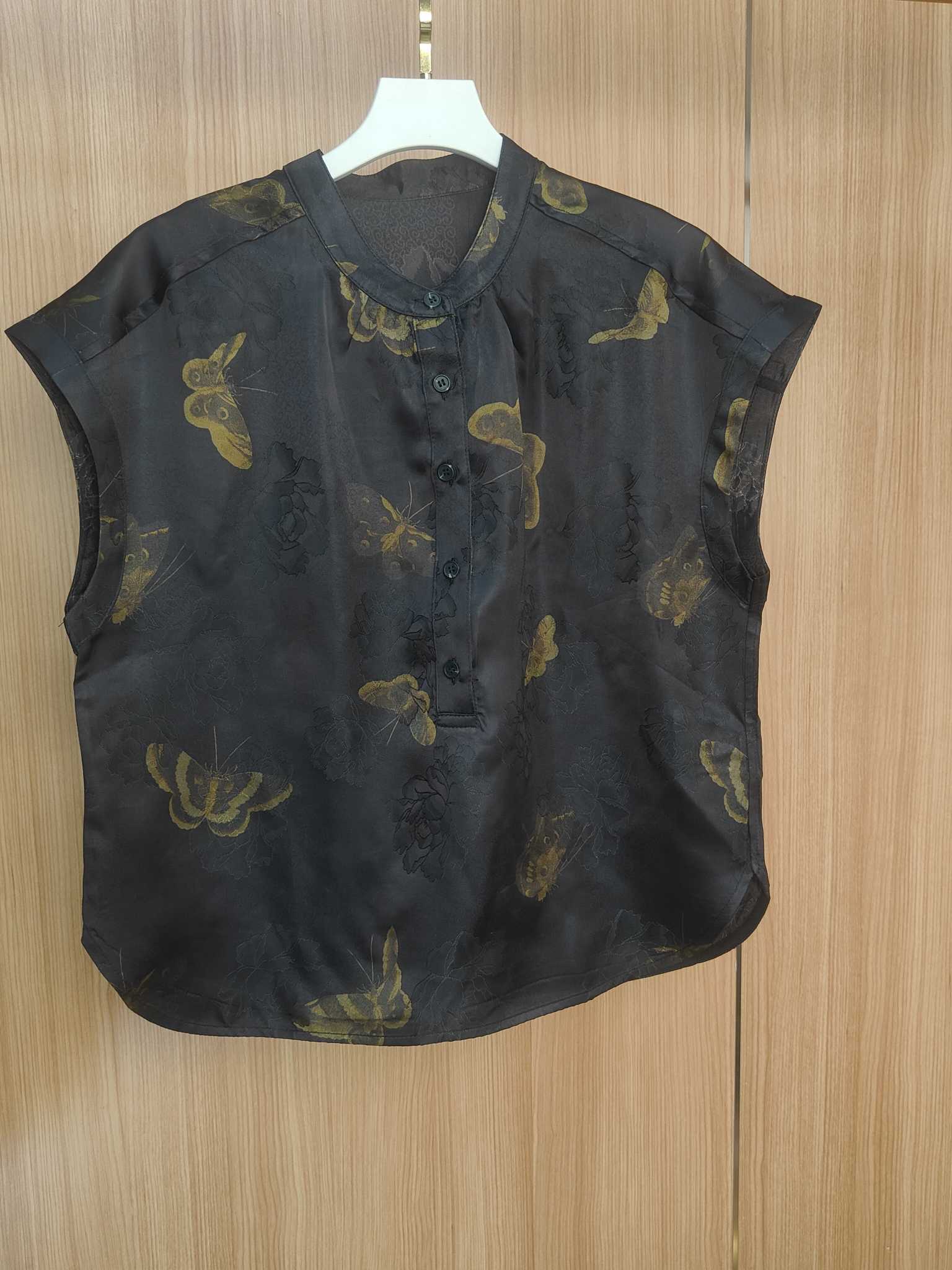 玄锦蝶舞——夏季无袖立领衬衫上衣常规款圆领提花优雅9051