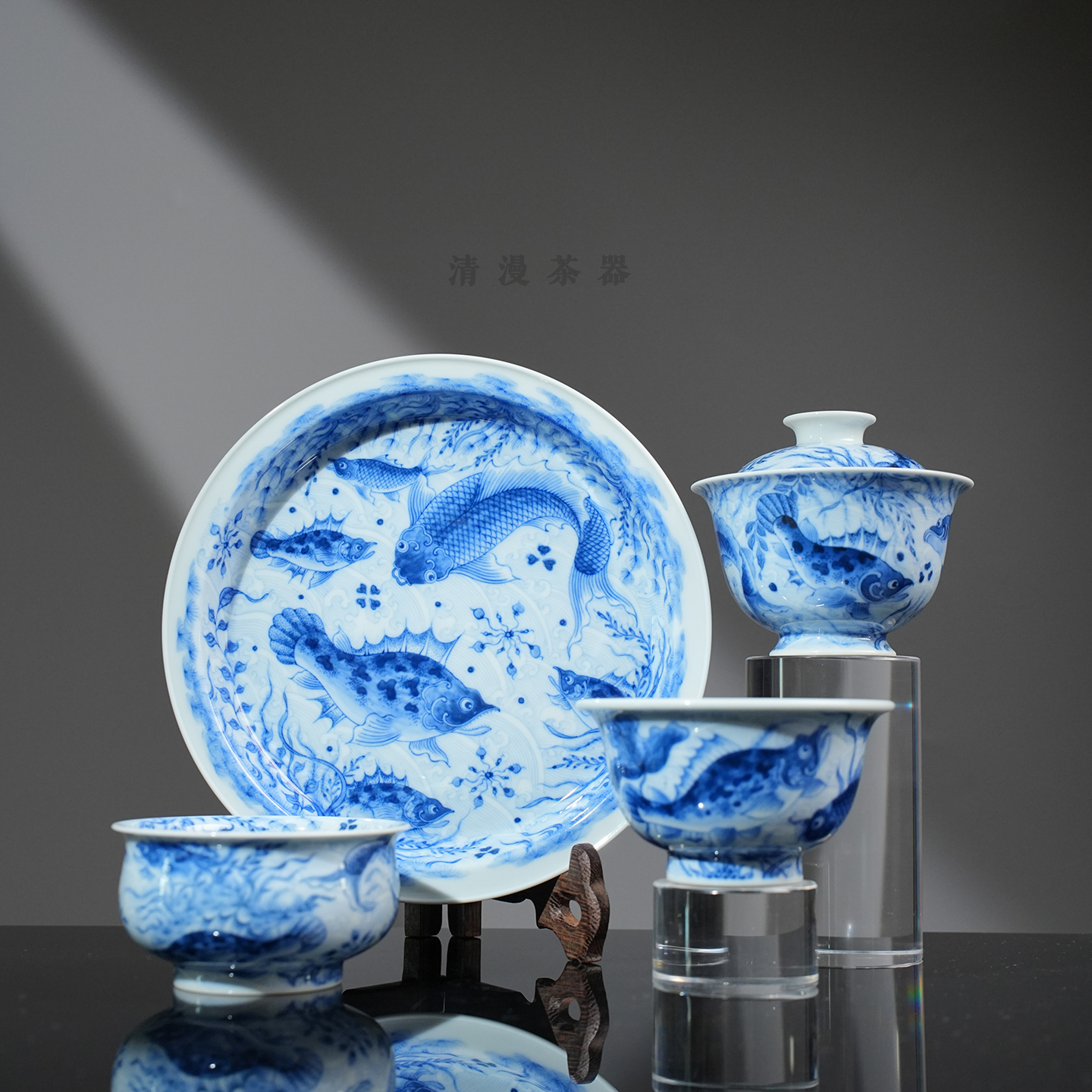 望月怀古淡海水满绘鱼藻茶器 中式全手绘青花高档送礼手工茶具