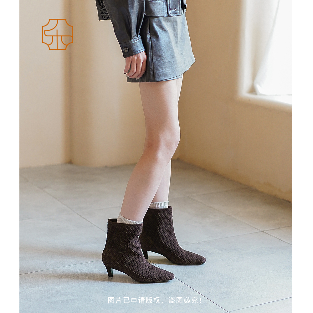磨砂皮编织小猫跟短靴1299-555