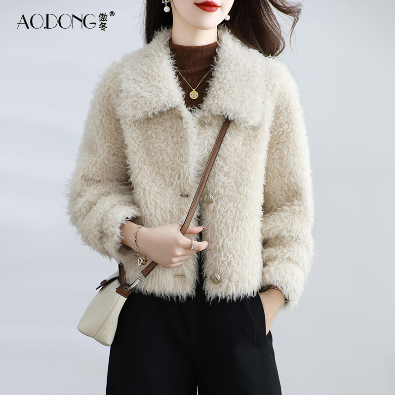 海宁颗粒绒皮草外套女短款一体保暖时尚年轻款加厚羊羔毛大衣冬季