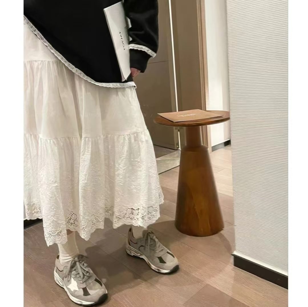 （W0150）白色蕾丝花边半身裙女春秋2025新款高腰蛋糕长裙