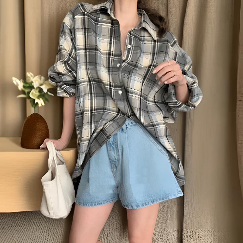 美式复古磨毛浅灰格子衬衫女春秋长袖衬衣bm宽松休闲外套