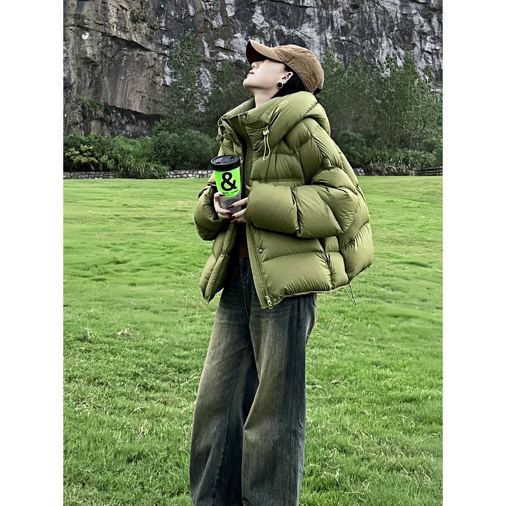 短款羽绒服女小个子2025冬季新款90白鸭绒泡芙龟背绿色面包服外套