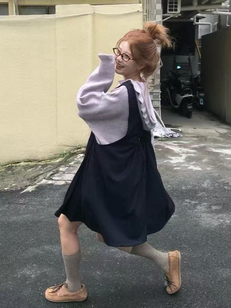 韩系复古套装连帽软糯宽松毛衣女秋季百搭休闲背带裙两件套潮