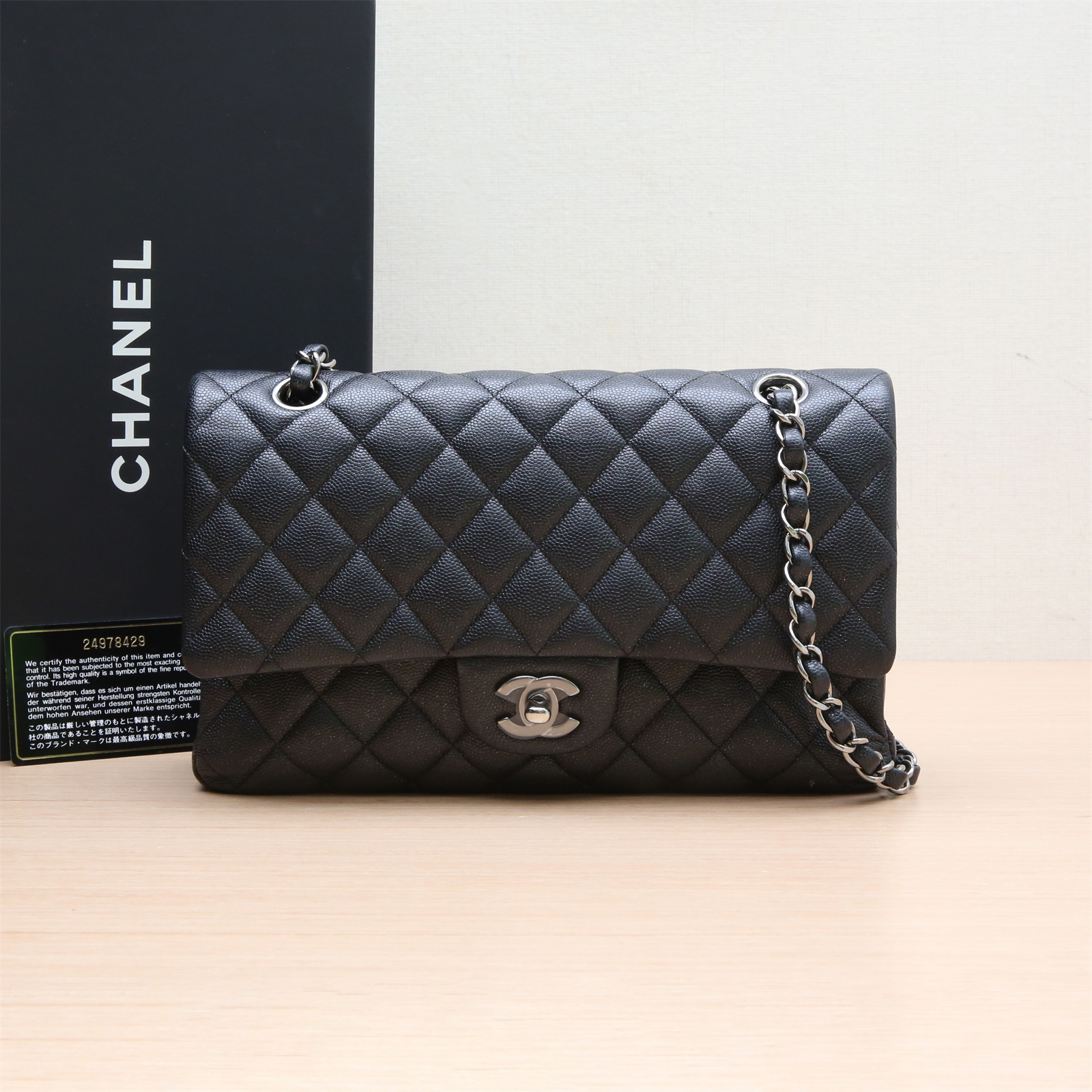 95新 Chanel/香奈儿 小花双双 CF 口盖包 中号 黑色 荔枝牛 24开