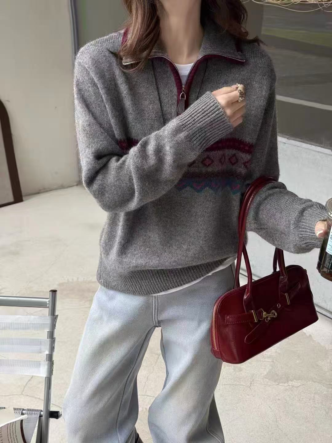 麦9851-3472 长袖红色条纹半拉链针织拼色毛衣针织衫开衫