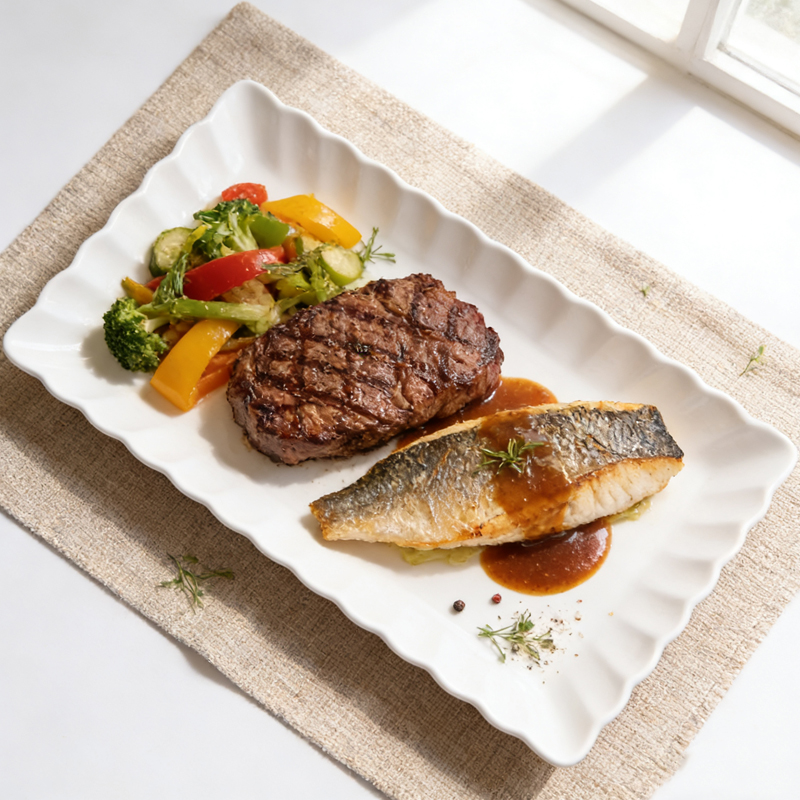 12英寸长方形凤尾盘子家用陶瓷餐盘商用菜盘子纯白意面盘西餐盘