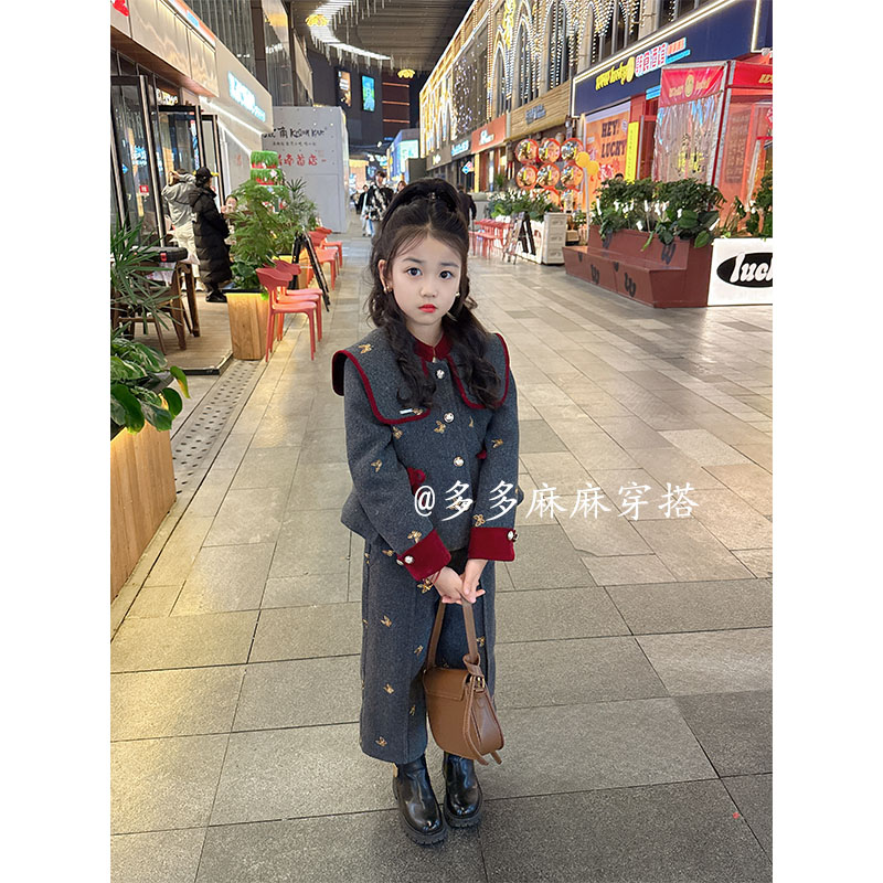 女童冬装洋气儿童毛呢冬季厚款学院风女童单排扣裤套装26035#
