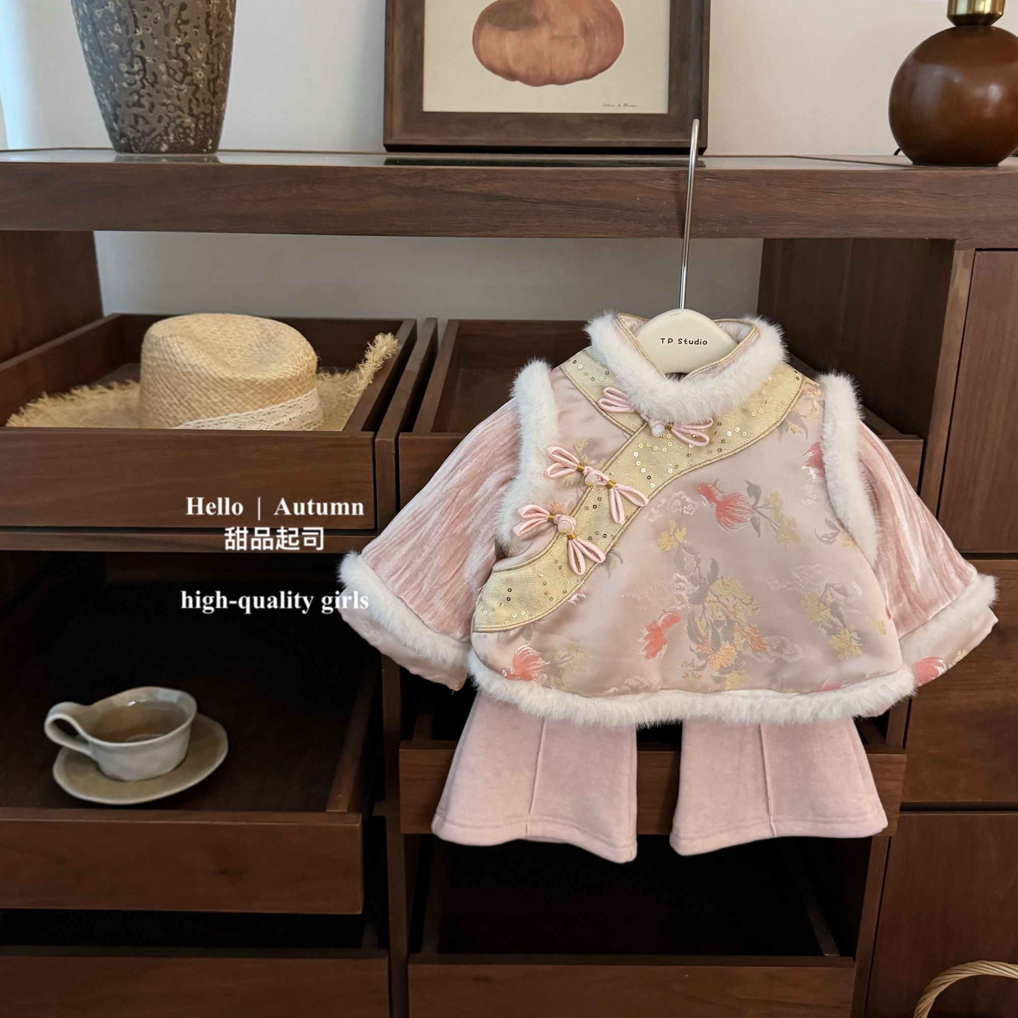 【甜品起司】吉运锦鲤！女童国风加厚新年丝绒拜年服刺绣裤子套装