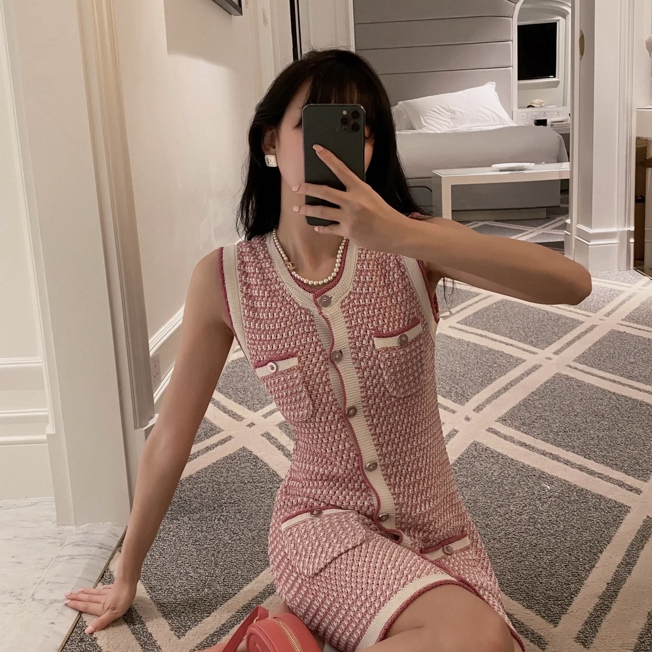 99新 Chanel/香奈儿 D500558/香奈儿/粉色编织无袖连衣裙/34码