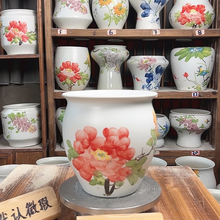 摆件圆口红牡丹新款陶瓷陶瓷