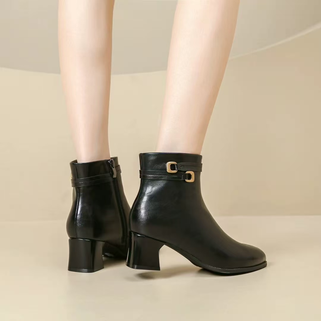 W2-12B短靴百搭女靴子皮鞋新款冬季粗跟高跟鞋靴 薄绒