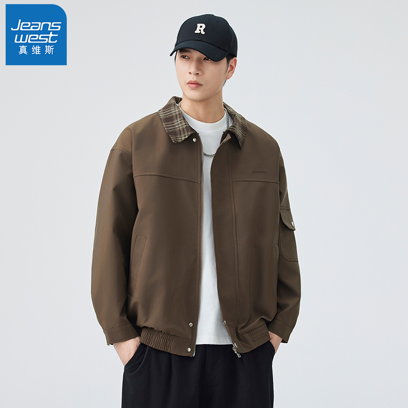 Jeanswest/真维斯秋季新款翻领休闲夹克男美式复古宽松百搭外套潮