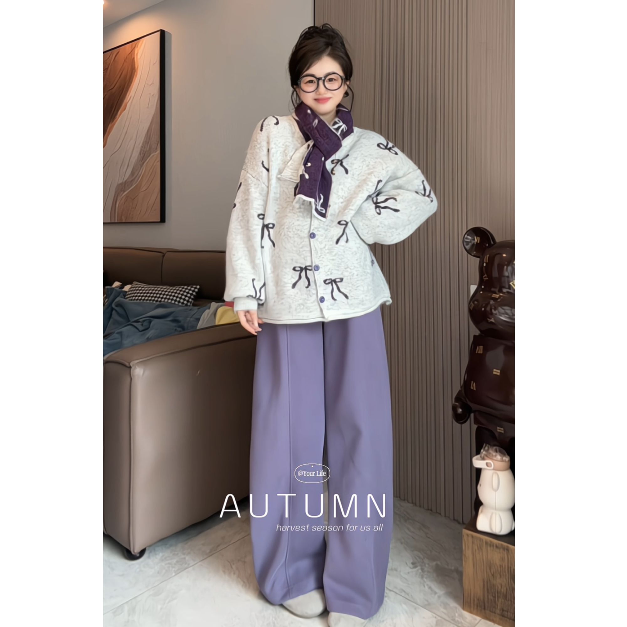 2025新款孕妇装秋冬装款宽松大码毛衣优雅蝴蝶结开衫外套洋气围巾