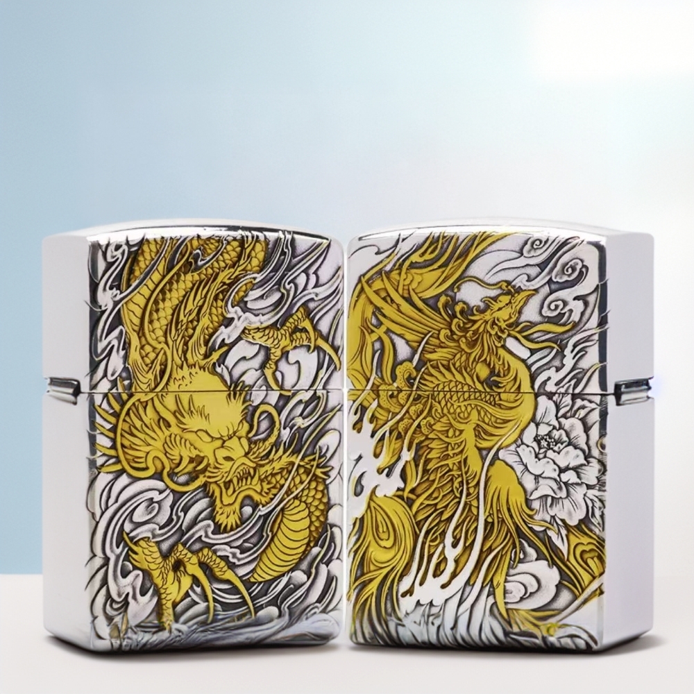 zippo打火机【 龙凤呈祥】 鎏金镀银 双色盔甲机防风 DYJ1