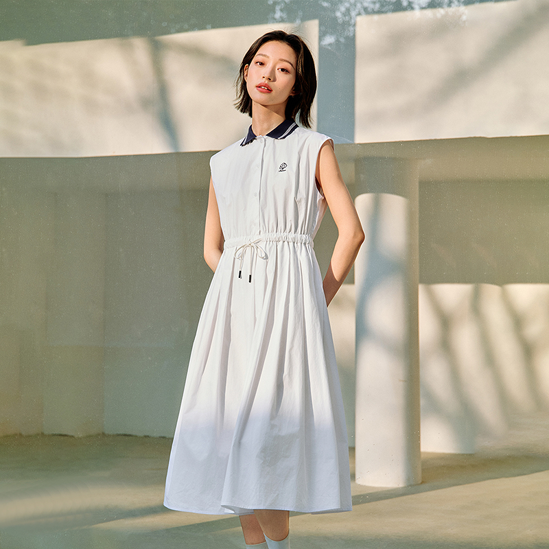 【一秒入夏】茵曼夏季学院风撞色翻领百褶连衣裙女MIU系短袖裙子