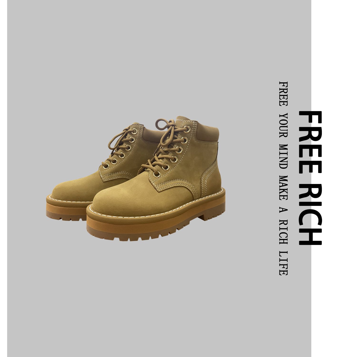 FREE RICH短靴/女款百搭厚底增高真皮复古大黄靴工装短靴