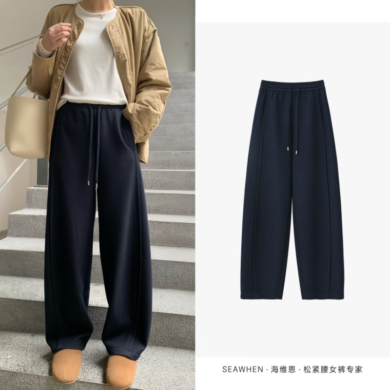 SEAWHEN海维恩冬季加绒醋酸牛仔梧桐女裤经典镰刀裤型松紧腰3509