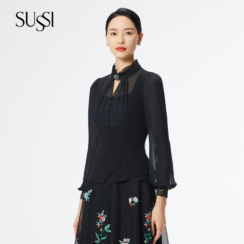 SUSSI/古色新品商场同款黑色圆领装饰扣长袖上衣