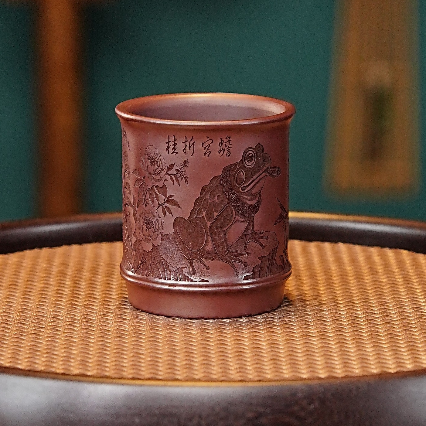 宜兴全手工紫砂茶具 原矿石红泥料刻绘蟾宫折桂主人杯品茗杯
