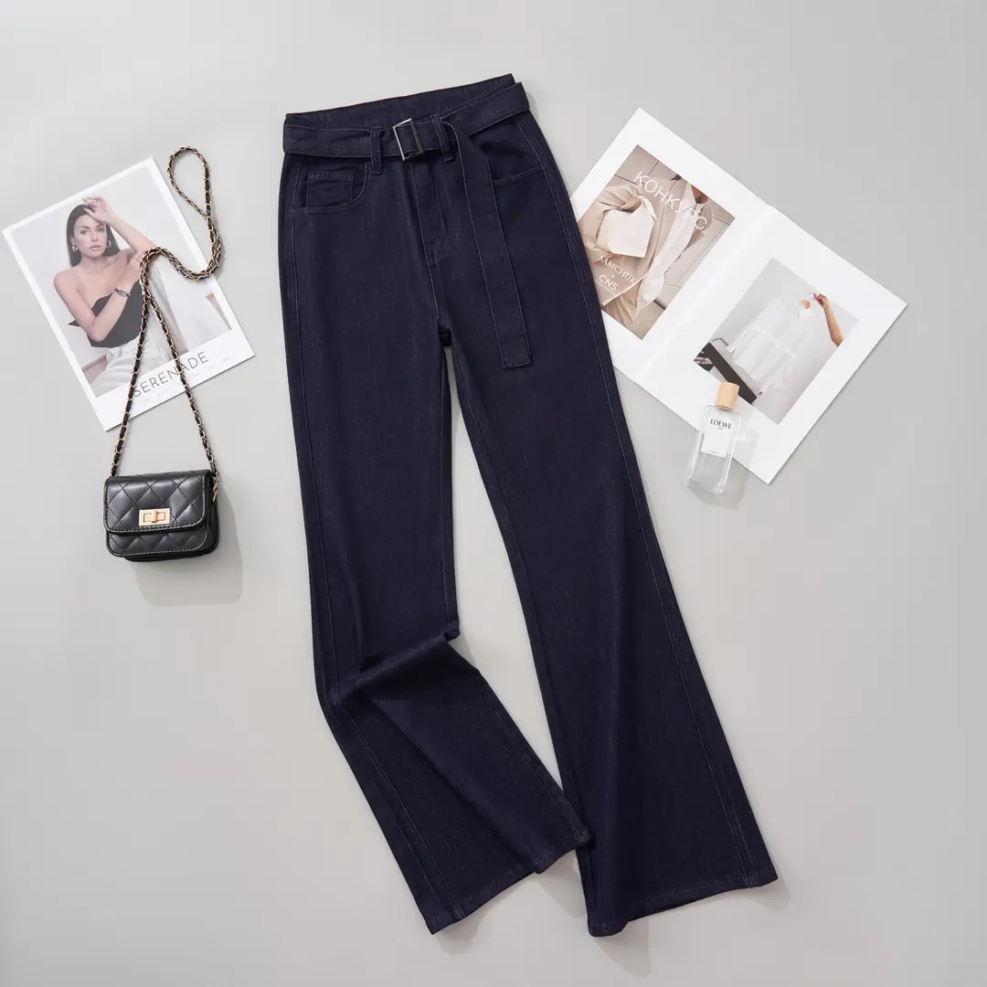 【V腰漫画腿】丹宁蓝牛仔裤女2025新款腰带紧身喇叭裤显瘦提臀1016