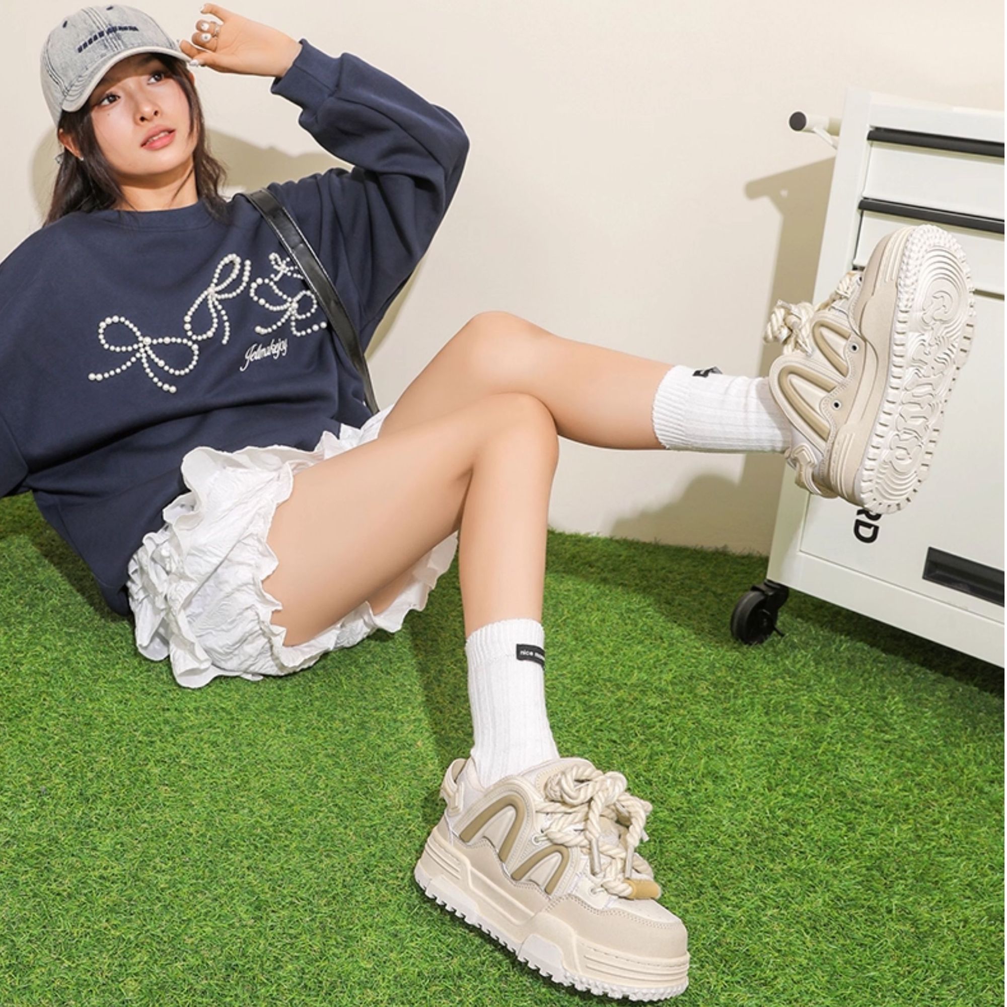 【王靖雯同款】华夫饼面包鞋情侣5cm增高厚底鞋子百搭原创休闲板鞋