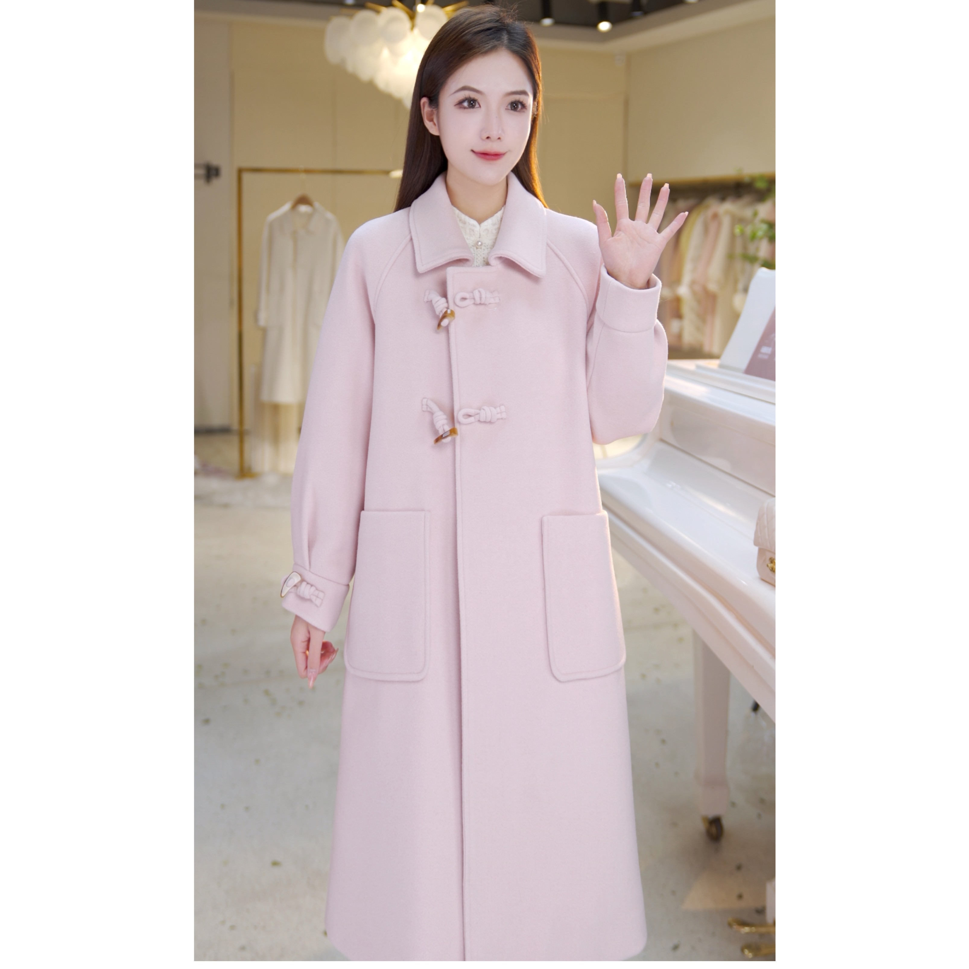 【婷玉】插肩袖牛角扣羊毛羽绒大衣811158