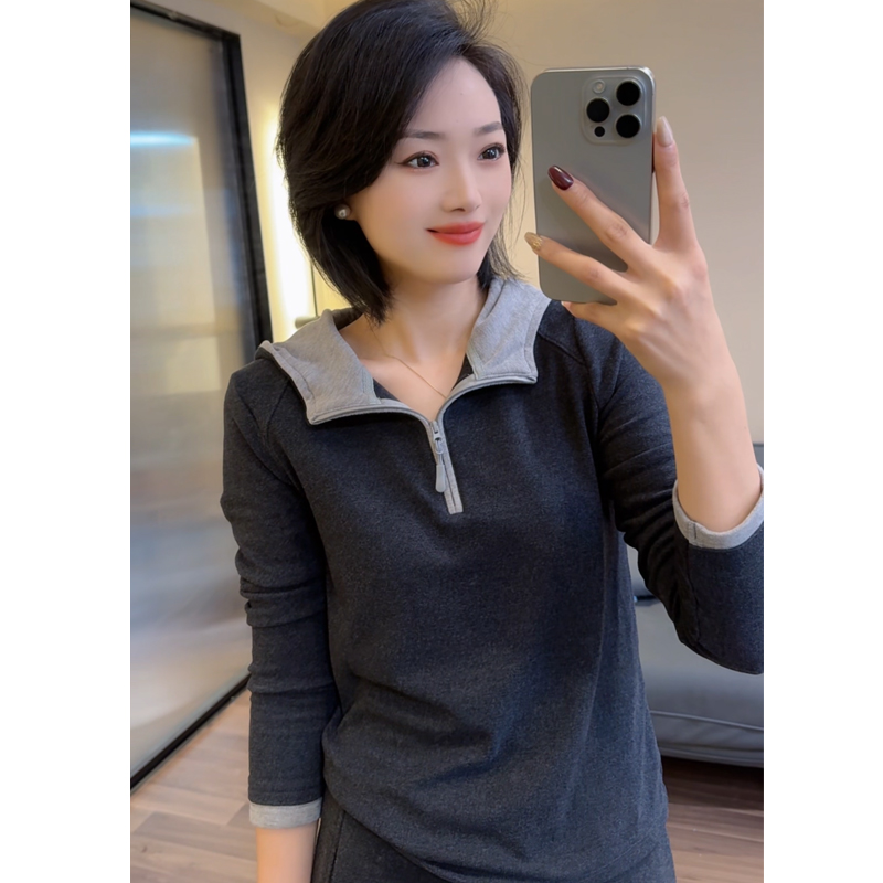 秋冬磨毛撞色假两件连帽套头卫衣修身打底衫女款爆款2025新款