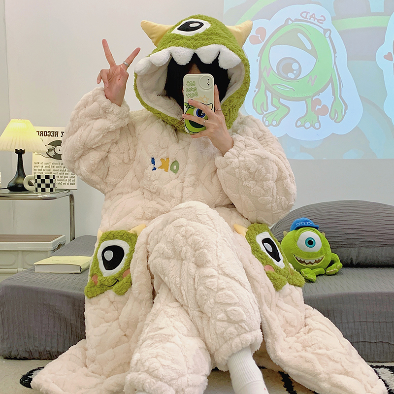 冬季珊瑚绒家居服套装三层夹棉睡衣女睡袍卡通大眼怪加厚加绒