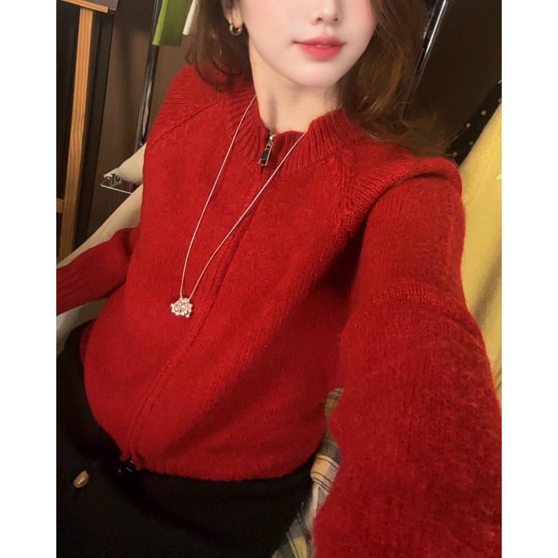 韩系圆领拉链毛衣外套女宽松2025秋冬季新款纯色针织开衫上衣外穿