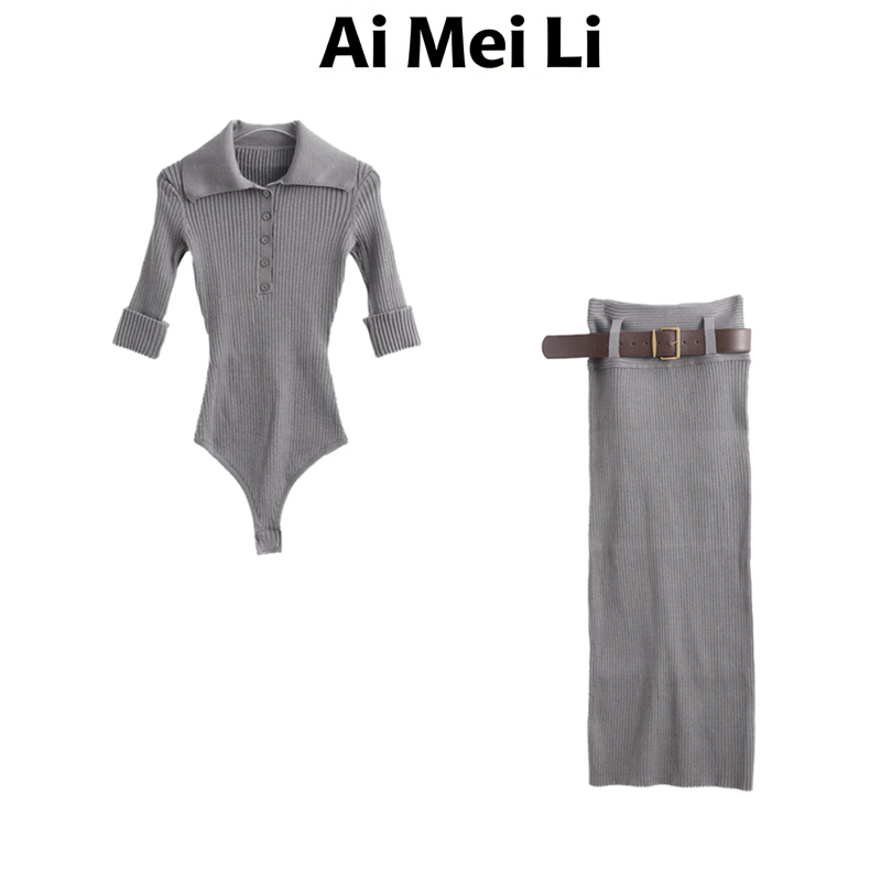 Ai Mei Li【肯豆统治区】polo连档灰色针织螺纹套装女冬(上衣+裙子）