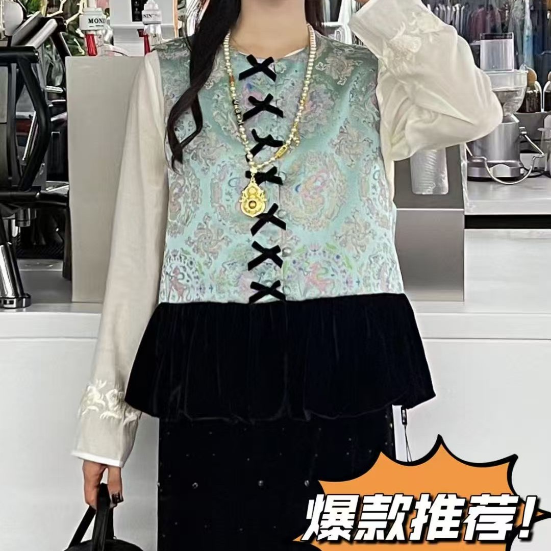 樱桃家秋季拼接时尚马夹免烫绣花暗扣提花民族风马甲夏季