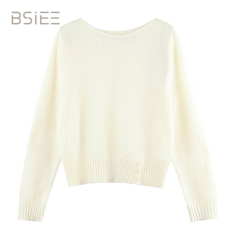 BSIEE/本涩侧纽扣细带毛衣2025秋季新品时尚纯色舒适百搭上衣女